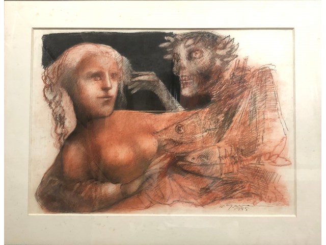 Marcelo Grassmann técnica mista sobre cartão 48 x 68 cm "Rostos" ass. CID e datada 1995