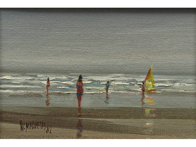 Washinton Maguetas óleo sobre eucatex 15 x 20 cm "Praia" ass CIE datado 1982