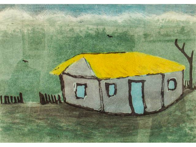 José Antônio da Silva serigrafia com interferência do artista, 43,5 x 37,5 cm (folha) intitulada " Casa Amarela"  ass CID datada 1979 tiragem 55/75, com pensamentos manuscritos pelo artista, com relevo seco  Impressão Atual