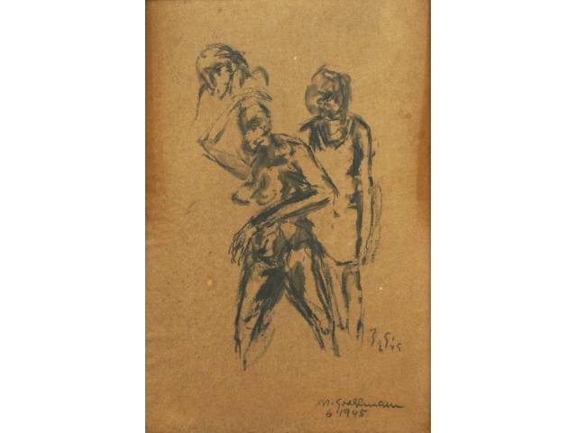 Marcelo Grasman técnica mista sobre papel 60 x 38 cm "Figuras" ass. CID datado1945 com Etiqueta da Loja Artística