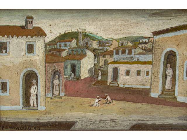Fulvio Pennacchi óleo sobre eucatex 20 x 30 cm intitulada "Praça Toscana" ass CIE datado 1989 com recibo da Galeria Jacques Ardies