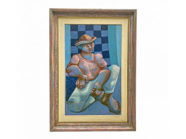 Adélio Sarro óleo sobre tela 80 x 50 cm intitulada "Descanso quadriculado" ass CID e verso década 80