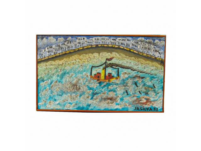 José Antônio da Silva óleo sobre tela 28 x 46 cm intitulada "Copacabana" ass CIE e verso datado 12/4/88