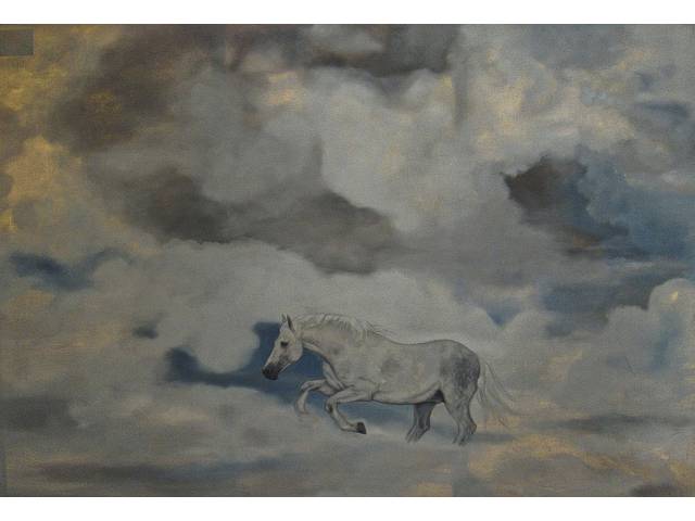 Lenita, óleo e latex sobre tela intitulado "Hay ciellos pa l buen caballo" 250 x 180 cm datado 1978 com etiqueta da "Galeria Strina" no verso