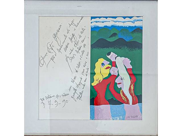 José Antônio da Silva serigrafia 22 x 22 cm  "Sem título"  ass CID , com  dedicatória ass CIE  datada 17/09/1990