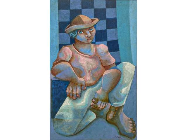Adélio Sarro óleo sobre tela 80 x 50 cm intitulada "Descanso quadriculado" ass CID e verso década 80