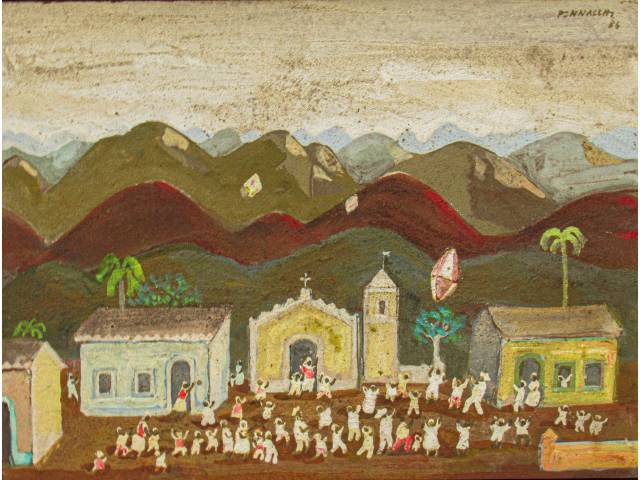 Fulvio Pennacchi óleo sobre eucatex 33 x 25cm intitulada "Festa com Balão" ass CSD e verso datado 1986
