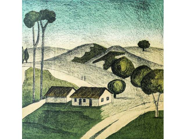 Francisco Rebolo gravura em metal  53 x 42 cm intitulada "Montanhas" ass CID, apresenta marca d' água