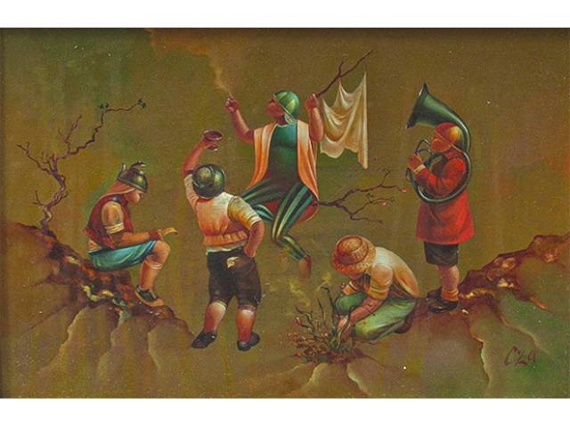 Daniel Carranza óleo sobre eucatex 22 x 33 cm intitulada "Crianças com fogueira" ass CID