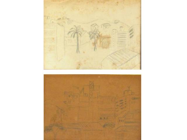 Manuel Martins par de  desenhos à lapis sobre papel : 20 x 30 cm  cada, "Casarios" ass CID  datados 1937 e1938  . Obs: obras apresentam pequenos Fungos