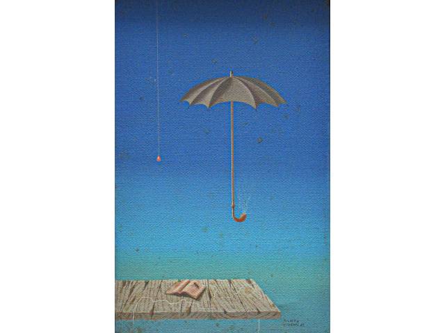 Richard Hideaki óleo sobre tela 22 x 14 cm "Paisagem Surreal" ass. Verso e CID São Paulo Brasil datado 1982