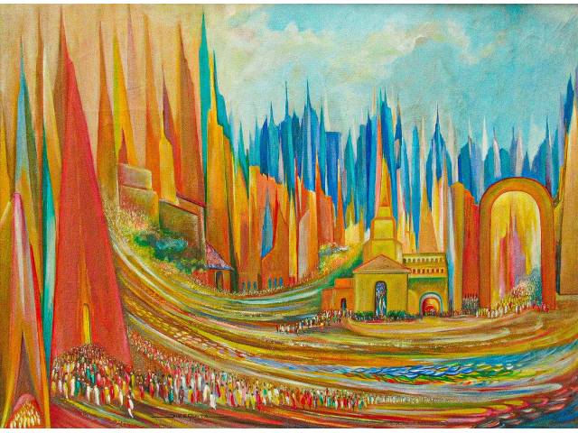 Jonas Mesquita óleo sobre tela 60 x 80 cm  intitulada "Chamada para o III Milênio" ass CIE datada 1990