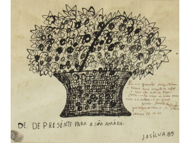 José Antônio da Silva  nanquim  sobre cartão   26,5 x 22,5 cm intitulada  "Cesta de Flores "  ass CID e verso datado 1989, com dedicatória datada 1990