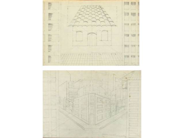 Manuel Martins par de desenhos à lapis sobre papel : 20 x 30 cm cada, "Construção" ass CID datados 1977 ambos . Obs: obras  apresentam pequenos fungos.
