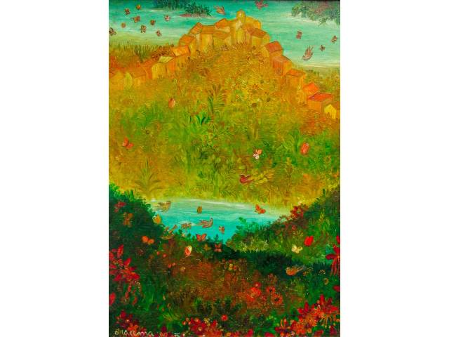 Iracema Arditi óleo sobre tela 47 x 33 cm intitulada "Ensolarado"  assinada e datada CIE e verso 1975