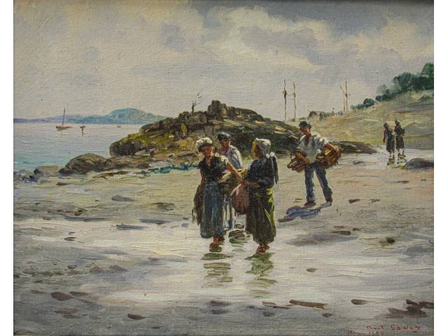 Antonio Godoy óleo sobre tela 40 x 50 cm intitulada "Praia Grande Itanhaém" ass CID e datado 1959