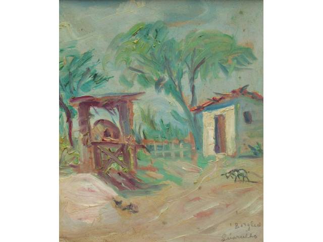Innocêncio Borghese óleo sobre eucatex 20 x 17 cm "Guarulhos" ass CID com etiqueta da Esquadro Escritório de Arte