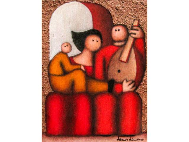 Jesus Leuus acrílica sobre madeira 30 x 22 cm intitulada “Love and Music” ass CID datado 1980 com cachê da Art Collectors Gallery - México