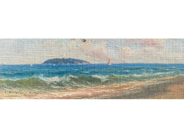 Carlos Balliester óleo sobre tela 10 x 26 cm intitulada "Praia" ass CIE datado 1925