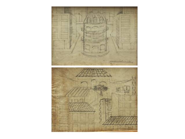 Manuel Martins par de  desenhos à lapis sobre papel : 20 x 30 cm  cada, "Casarios" ass CID  datados 1941 e 1976   . Obs: obras apresentam pequenos fungos.