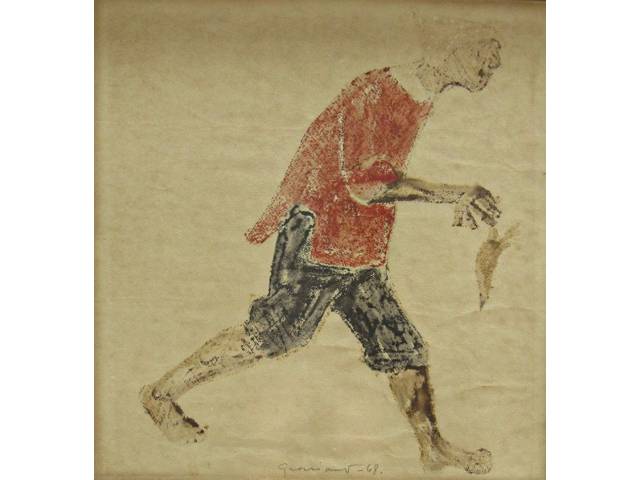 Clovis Graciano técnica mista sobre cartão  40 x 35 cm "Figura Masculina com Pássaro" ass: CI e datado 1968