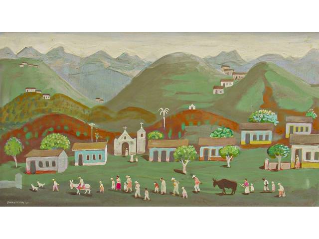 Fulvio Pennacchi óleo sobre tela 33 x 60 cm intitulada "Aldeia, Figuras e animais" ass. CIE datado 1980 com etiqueta da A Galeria