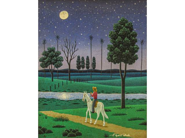 Edgar Calhado óleo sobre tela 34 x 27cm intitulada "Cavaleiro Noturno" ass CID, com selo da Galeria de Arte Brasileira