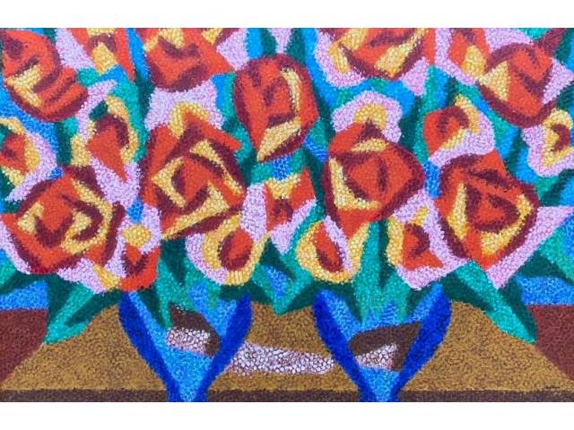 Claudio Tozzi, óleo sobre tela colado sobre madeira 80 x 1.20 cm "Flores" ass. CID e verso
