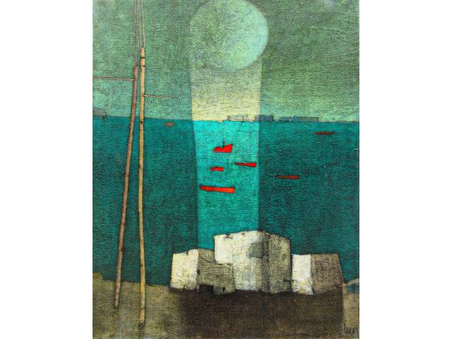 Inos Corradin óleo sobre tela 75 x 59 cm intitulada "Vilarejo a beira mar" ass CID e verso datado 2015. Acompanha Certificado de Autenticidade do artista - obra dos anos 70