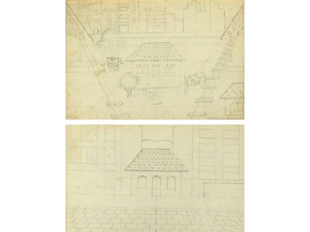 Manuel Martins par de  desenhos à lapis sobre papel : 20 x 30 cm  cada, "Casarios" ass CID  datados 1976 ambos  . Obs: obras apresentam pequenos fungos,