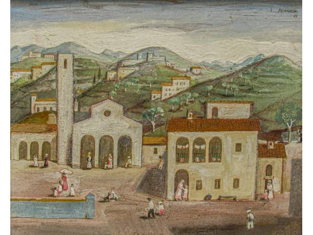 Fulvio Pennacchi óleo sobre eucatex 40 x 50 cm intitulada "Vida Toscana " ass CSD e verso datado 1988