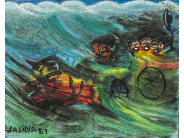 José Antônio da Silva óleo sobre tela 40 x 50 cm intitulada "Chuva" ass CIE e verso datado 1987.