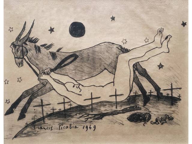 Picabia litografia sobre papel em preto e branco 30 x 23,5 cm "Figura masculina e cavalo"  ass CIE  datada 1949, do livro "Janela do caos", poemas de Mário Mendes, editado em Paris,em 1944