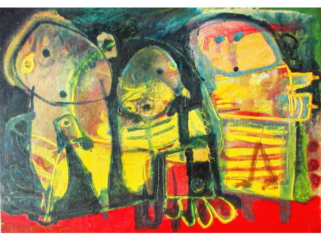 Fernando Flavio Rodrigues  óleo sobre tela  50 x 70cm intitulada "O arremesso" ass. CIE e verso  datada 1985