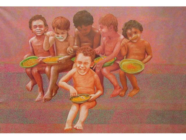 Gontran Guanaes Netto óleo sobre tela 138 x 202cm intitulada "Les Enfants II" ass. verso  datada 1983 no verso nota de compra FAAM Miami