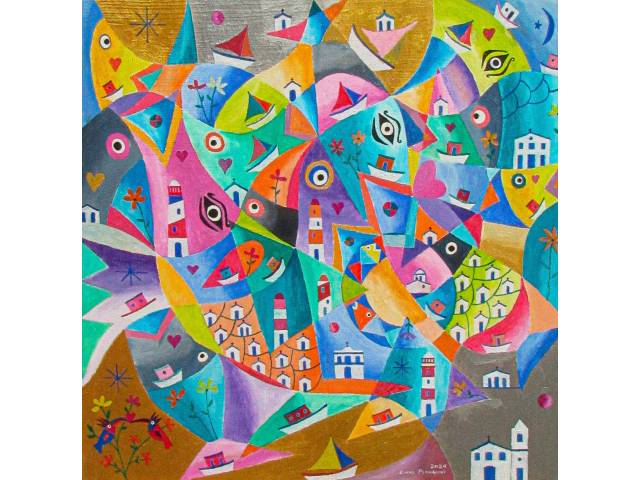 Lucas Pennacchi  técnica mista sobre painel 70 x 70  cm intitulada "Movimento alegria" ass. CID datada 2024