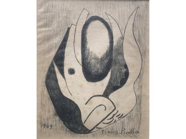 Picabia litografia sobre papel em preto e branco 30 x 23,5 cm "Sem título"  ass CID datada 1949, do livro "Janela do caos", poemas de Mário Mendes, editado em Paris, em 1944