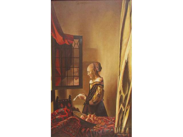Paulo Calazans óleo sobre tela 130 x 80 cm  intitulada "Mulher lendo uma carta" releitura em Vermeer 1670, Pinacoteca de Dresdén ass CID e verso datada 1990