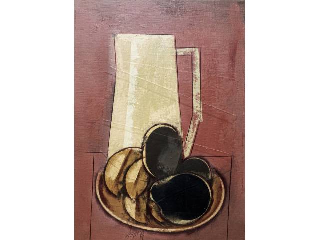 Scliar, Carlos vinil e colagem encerado sobre tela 56 x 37cm intitulada "Jarra e Frutas no Prato" ass. CI e verso datada 1988