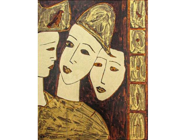 Gregory Fink óleo sobre madeira 75 x 60  cm "Três figuras"  ass CIE