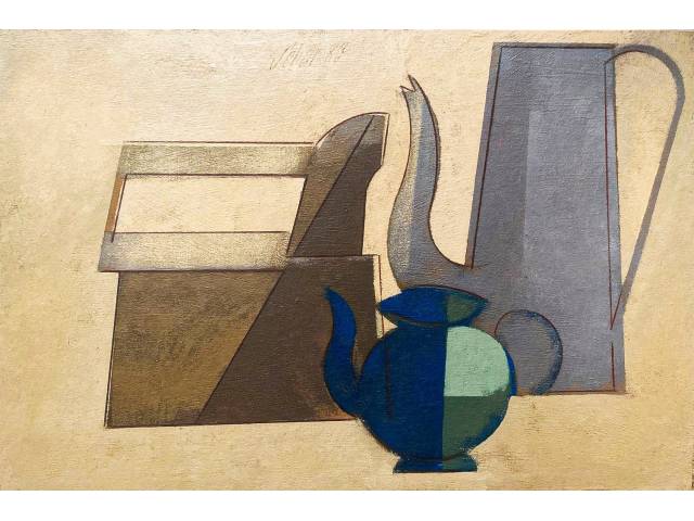 Scliar, Carlos vinil encerado sobre tela 37 x 56cm intitulada " Bules e Ferro de passar" ass. CS e verso datada 1983