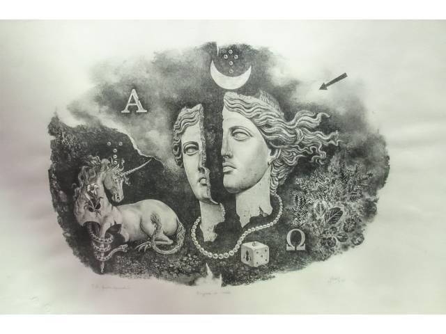 Octávio Araújo litografia sobre papel cartão timbrado 41 x 56 cm "Enigma de verão - unicórnio e máscara de Artemis" ass. CID 1973 t. 47 / 100