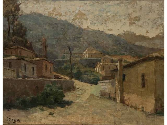 Ângelo Simeone óleo sobre  tela 48 x 63 cm intitulada  " Paisagem" ass. CIE  com cachê da  Galeria Azulão .