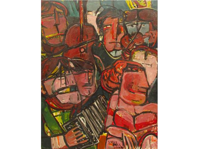 Jorge Páez Vilaró acrílica sobre tela 100 x 80 cm  intitulada "La Cantante" ass centro e verso datada 17/08/1983, Montevideo, com dedicatória no verso