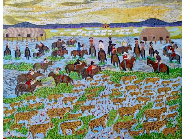 Valques Pimenta acrílica sobre tela  105 x 130cm  intitulada "Cavalgada no Pantanal" ass. CID datada 2025