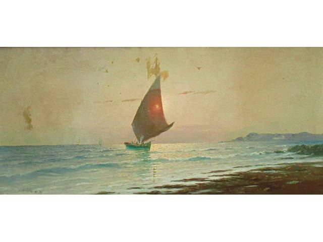Carlos Balliester óleo sobre tela 68,5 x 147 cm intitulada "Barco de pesca, efeito de sol" ass CIE datada 1909, Rio,  reproduzida no Catálogo de Leilão de Renato Magalhães Gouveia, venda nº. 4, lote 270, no estado