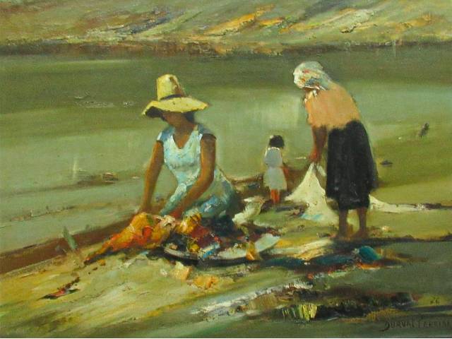 Durval Pereira óleo sobre tela 100 x 76 cm "Lavadeiras" assinada CID