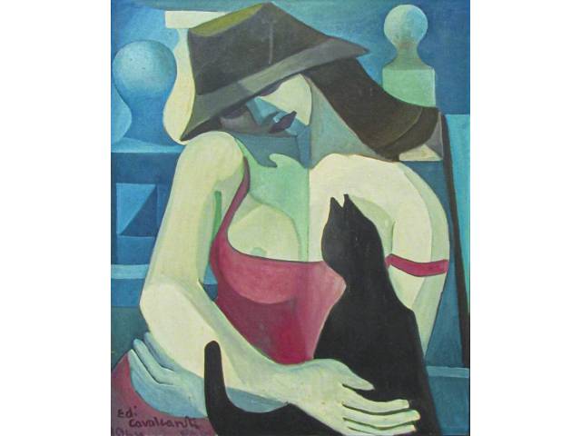 Di Cavalcanti óleo sobre tela 72 x 59 cm  intitulada "Mulata com gato" ass CIE datada 1964, Paris