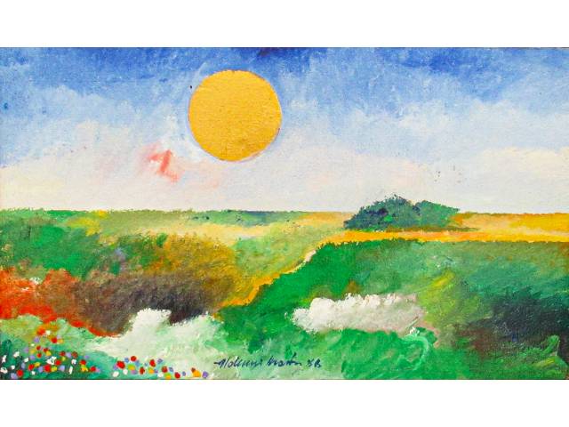Aldemir Martins acrílico sobre tela 27 x 46 cm "Paisagem" assinada CID e verso e datada Agosto de 1986