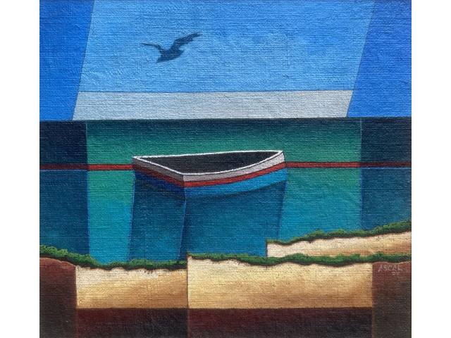 Ascal (Átila da Silva Calvet) óleo sobre juta colada em eucatex 50  x 52  cm " Barco" ass. CID